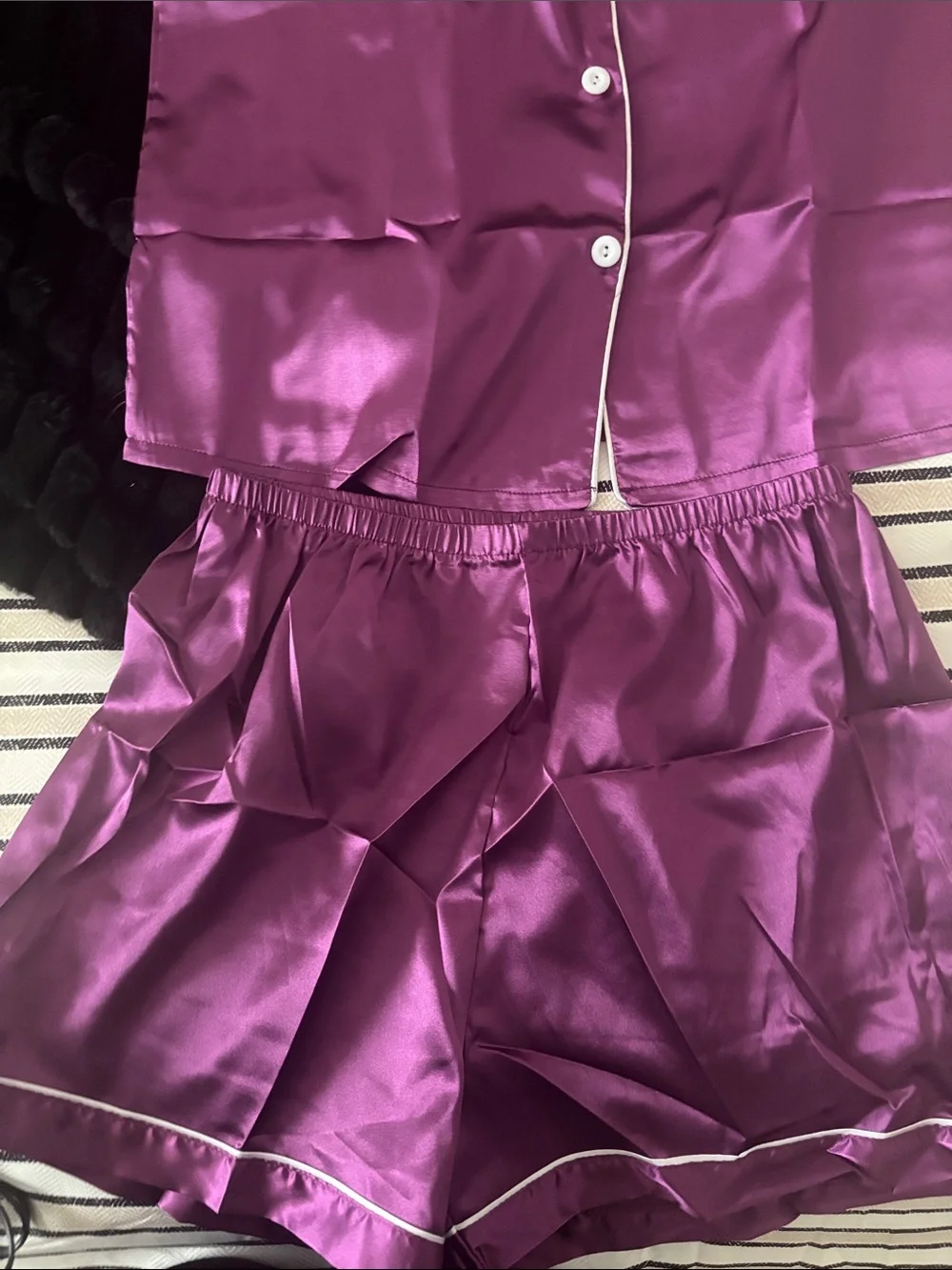 Silky Purple Short Pajama Set with White Piping